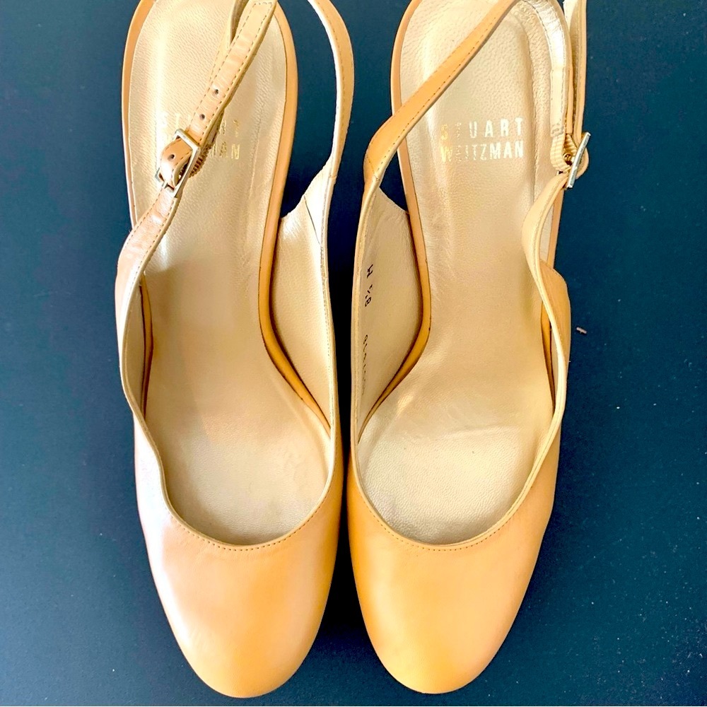 Stuart Weitzman Almond Butter Leather Platform Slingback Heels - Picture 4 of 16